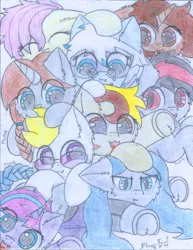 Size: 1700x2200 | Tagged: safe, artist:fliegerfausttop47, derpibooru import, oc, oc:azure interdictor, oc:blood moon, oc:countess sweet bun, oc:dark, oc:dust, oc:lightpoint, oc:nocturnal vision, oc:woj-tek, unofficial characters only, bat pony, earth pony, original species, pegasus, plane pony, pony, unicorn, blue coat, blue eyes, blue mane, braid, braided ponytail, braided tail, brown coat, brown eyes, cheek fluff, chest fluff, cuddle puddle, cuddling, cute, daaaaaaaaaaaw, description is relevant, ear fluff, eyes closed, fluffy, glasses, gray coat, happy, image, jpeg, looking at someone, looking at you, lying down, not fluttershy, ocbetes, pencil drawing, plane, pony pile, ponytail, prone, purple coat, purple eyes, red eyes, simple background, slit pupils, smiling, snuggling, squish, story included, tail, too many ponies, traditional art, white coat