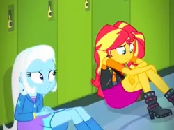 Size: 828x621 | Tagged: safe, derpibooru import, screencap, sunset shimmer, trixie, equestria girls, equestria girls series, forgotten friendship, female, image, jpeg, lesbian, shipping, suntrix