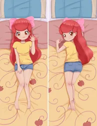 Size: 2480x3189 | Tagged: safe, artist:focusb, apple bloom, equestria girls, barefoot, bed, body pillow, body pillow design, bow, clothes, feet, female, high res, human coloration, image, jpeg, laying on bed, laying on stomach, looking at you, looking back, on bed, shirt, shorts, t-shirt, underage