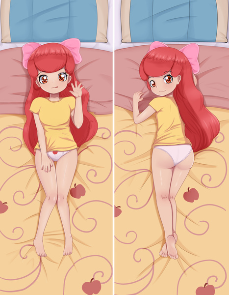 Size: 2480x3189 | Tagged: suggestive, artist:focusb, banned from derpibooru, apple bloom, equestria girls, barefoot, bed, body pillow, body pillow design, bow, clothes, feet, female, high res, human coloration, image, jpeg, laying on bed, laying on stomach, lolicon, looking at you, looking back, on bed, panties, partial nudity, shirt, underage, underwear