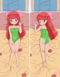 Size: 2480x3189 | Tagged: suggestive, artist:focusb, banned from derpibooru, apple bloom, equestria girls, barefoot, bed, body pillow, body pillow design, bow, clothes, feet, female, green swimsuit, high res, human coloration, image, jpeg, laying on bed, laying on stomach, lolicon, looking at you, looking back, on bed, swimsuit, underage