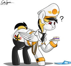 Size: 3000x2800 | Tagged: safe, artist:cdrspark, derpibooru import, oc, oc:spark apocalypse, unofficial characters only, pegasus, pony, belt, butt expansion, cake, cap, cheek bulge, clothes, female, food, growth, hat, image, military uniform, necktie, pegasus oc, png, question mark, short tail, simple background, socks, solo, tail, thigh highs, this will end in weight gain, u.d.c.e., uniform, white background, wide club, wings