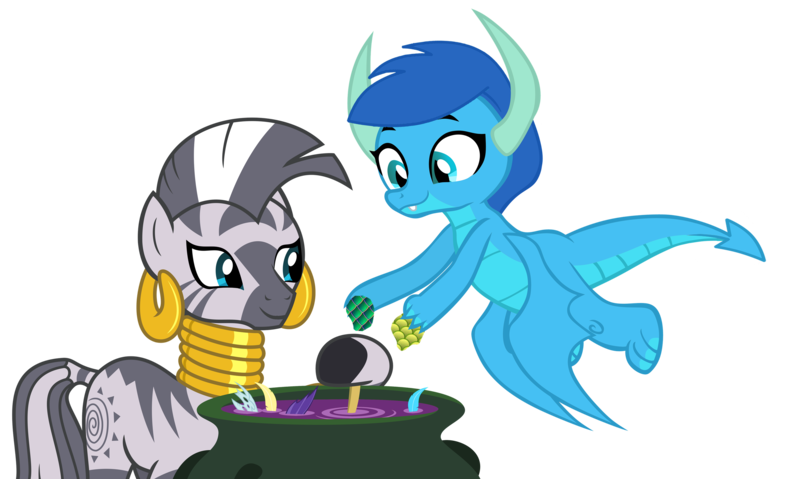 Size: 3455x2067 | Tagged: safe, artist:ponygamer2020, derpibooru import, zecora, oc, oc:frosty, oc:frosty the dragon, dragon, zebra, absurd resolution, alchemy, cauldron, claws, cooking, dragon oc, dragoness, feather, female, flying, hair, helping, horn, ice dragon, image, male, non-pony oc, png, potion, scale, simple background, smiling, tail, teenaged dragon, teenager, transparent background, vector, wings