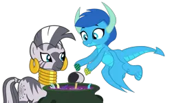 Size: 3455x2067 | Tagged: safe, artist:ponygamer2020, derpibooru import, zecora, oc, oc:frosty, oc:frosty the dragon, dragon, zebra, absurd resolution, alchemy, cauldron, claws, cooking, dragon oc, dragoness, feather, female, flying, hair, helping, horn, ice dragon, image, male, non-pony oc, png, potion, scale, simple background, smiling, tail, teenaged dragon, teenager, transparent background, vector, wings