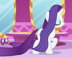 Size: 434x350 | Tagged: safe, derpibooru import, official, screencap, rarity, unicorn, rarity's biggest fan, spoiler:interseason shorts, carousel boutique, cropped, cutie mark, diamonds, dragging, eyes closed, horn, image, light skin, long hair, long mane, long tail, loose hair, mirror, png, purple hair, purple mane, tail, white fur, youtube