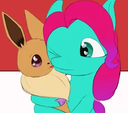 Size: 1700x1500 | Tagged: safe, artist:stormy hooves, derpibooru import, earth pony, eevee, pony, g5, crossover, cuddling, derpibooru exclusive, duo, face licking, female, hoof polish, hug, image, jazz hooves, licking, looking at each other, looking at someone, mare, one eye closed, png, pokémon, smiling, tongue out