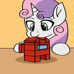 Size: 1000x1000 | Tagged: safe, artist:artevi, derpibooru import, sweetie belle, pony, unicorn, among us, atg 2023, female, filly, foal, image, lego, newbie artist training grounds, png, solo, table