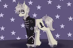 Size: 3080x2050 | Tagged: safe, artist:mxmx fw, derpibooru import, ponified, bat pony, bat pony unicorn, hybrid, pony, unicorn, bedroom eyes, broken horn, clothes, curtains, discorded, dyed mane, dyed tail, ear fluff, ear tufts, emo, eyeliner, fangs, gerard way, hoof fluff, hoof polish, horn, image, jacket, jpeg, looking at you, makeup, male, my chemical romance, smiling, smiling at you, solo, stallion, stars, tail, the black parade, unshorn fetlocks