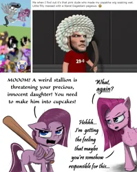 Size: 1850x2324 | Tagged: safe, artist:chopsticks, derpibooru import, pinkie pie, oc, oc:chopsticks, oc:cookie cutter, earth pony, human, pegasus, pony, derpibooru community collaboration, ask cookie cutter, baseball bat, beard, cheek fluff, chest fluff, dialogue, ear fluff, evil grin, facial hair, fangs, female, filly, floppy ears, flying, foal, grin, hat, image, khabib nurmagomedov, looking at you, male, papakha, pinkamena diane pie, png, smiling, stallion, text, this will end in death, this will end in tears, this will end in tears and/or death, threat, ufc, unshorn fetlocks, water balloon, waving, wig, wing hands, wings, yelling