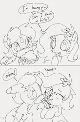 Size: 766x1166 | Tagged: safe, artist:dotkwa, derpibooru import, oc, oc:deary dots, oc:kayla, unofficial characters only, earth pony, pony, comic, dialogue, duo, eyes closed, female, filly, floppy ears, flower, flower in hair, foal, food, gray background, image, mouth hold, png, sandwich, sharing, simple background, speech bubble