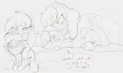 Size: 1594x946 | Tagged: suggestive, artist:dotkwa, derpibooru import, oc, oc:deary dots, earth pony, pony, blushing, dialogue, female, filly, foal, foalcon, gray background, grayscale, image, looking at each other, looking at someone, lying down, mare, monochrome, open mouth, open smile, png, prone, simple background, size difference, smiling, speech bubble, underage, what are we gonna do on the bed?