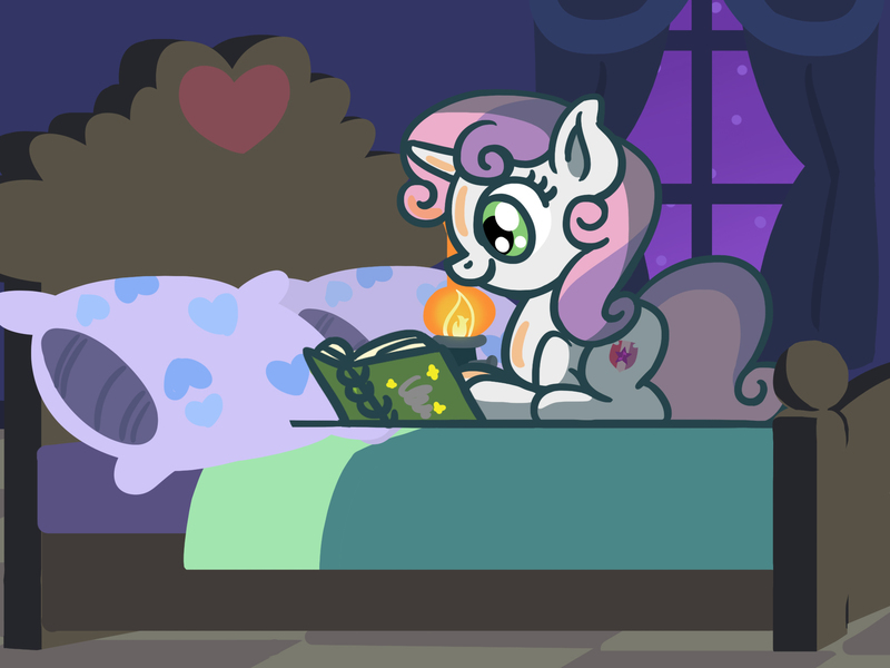 Size: 1800x1350 | Tagged: safe, artist:flutterluv, derpibooru import, part of a set, sweetie belle, pony, unicorn, atg 2023, bed, book, image, jpeg, lantern, newbie artist training grounds, night, reading, smiling, solo