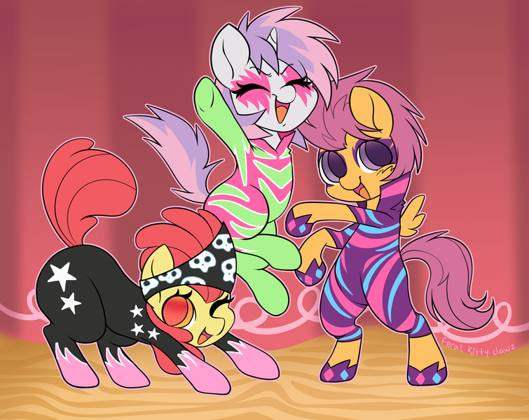 Size: 3900x3100 | Tagged: safe, alternate version, artist:feralkittyclawz, derpibooru import, apple bloom, scootaloo, sweetie belle, earth pony, pegasus, pony, unicorn, the show stoppers, ass up, bipedal, clothes, costume, curtains, cutie mark crusaders, explicit source, eyes closed, female, filly, foal, g4, hoof shoes, horn, image, looking at you, makeup, one eye closed, open mouth, open smile, png, raised tail, show stopper outfits, signature, smiling, spread wings, stage, tail, trio, trio female, wings, wink