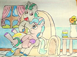 Size: 1978x1457 | Tagged: safe, artist:bitter sweetness, derpibooru import, queen haven, pegasus, pony, unicorn, g5, my little pony: tell your tale, spoiler:g5, spoiler:my little pony: tell your tale, spoiler:tyts01e51, abdl, alphabittle blossomforth, baby bottle, baby food, blue eyes, chocolate, chocolate milk, colored background, couch, curtains, diaper, diaper fetish, dry diaper, fetish, food, hooves, image, line, lying down, mare family mare problems, milk, open mouth, pink eyes, png, room table, simple background, sitting, vase, white background, window