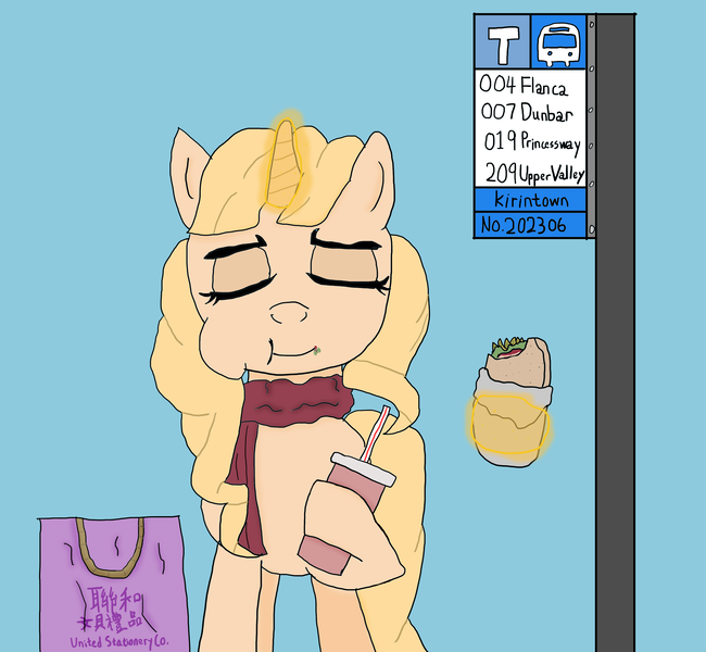 Size: 3248x3000 | Tagged: safe, artist:dafid25, derpibooru import, oc, oc:taralicious, pony, bag, bus stop, clothes, drink, eating, image, magic, png, scarf, shopping bag, solo, telekinesis, translink