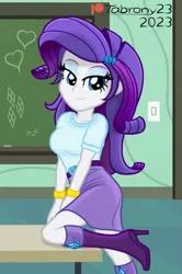 Size: 889x1338 | Tagged: safe, artist:tabrony23, derpibooru import, rarity, human, equestria girls, beautiful, bedroom eyes, boots, breasts, busty rarity, clothes, equestria girls 10th anniversary, female, image, looking at you, patreon, patreon logo, png, sexy, shoes, show accurate, signature, skirt, smiling, smiling at you, solo, solo female, stupid sexy rarity, table