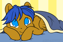Size: 1200x800 | Tagged: safe, artist:acryweaver, derpibooru import, oc, oc:crushingvictory, unofficial characters only, pegasus, pony, animated, bed, blanket, blinking, cozy, folded wings, gif, image, laying on bed, looking at you, lying down, on bed, pegasus oc, smiling, smiling at you, solo, wings