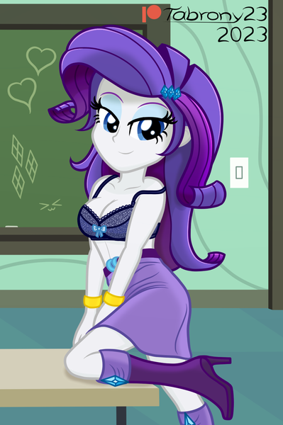 Size: 889x1338 | Tagged: safe, artist:tabrony23, derpibooru import, rarity, human, equestria girls, beautiful, bedroom eyes, boots, bra, breasts, busty rarity, clothes, equestria girls 10th anniversary, female, image, looking at you, patreon, patreon logo, png, sexy, shoes, show accurate, signature, skirt, smiling, smiling at you, solo, solo female, stupid sexy rarity, table, underwear