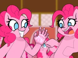 Size: 2048x1536 | Tagged: safe, artist:pyrelynx, derpibooru import, pinkie pie, earth pony, pony, too many pinkie pies, clone, eye clipping through hair, female, grin, image, mare, multeity, no pupils, pinkie clone, png, scene interpretation, smiling, suddenly hands, too much pink energy is dangerous