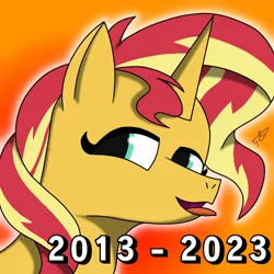 Size: 500x500 | Tagged: safe, artist:alejandrogmj, derpibooru import, sunset shimmer, pony, unicorn, equestria girls 10th anniversary, gradient background, image, looking to the left, numbers, png, sideways glance, tongue out