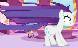 Size: 1212x757 | Tagged: safe, derpibooru import, official, screencap, rarity, unicorn, rarity's biggest fan, spoiler:interseason shorts, after effects, cropped, image, jpeg, long hair, long mane, long tail, purple hair, purple mane, tail, white fur, youtube