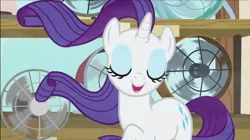 Size: 800x448 | Tagged: safe, derpibooru import, screencap, mr breezy, rarity, pony, unicorn, it isn't the mane thing about you, season 7, spoiler:s07, blowing, fans, female, image, long hair, long mane, loose hair, mare, png, purple hair, purple mane, solo, solo female, tail, white fur, wind, windswept hair, windswept mane, windswept tail