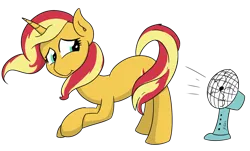 Size: 1980x1194 | Tagged: safe, artist:soccy, derpibooru import, sunset shimmer, pony, ass up, crossed hooves, equestria girls 10th anniversary, fan, image, looking back, png, smiling, tail, wind, windswept hair, windswept mane, windswept tail