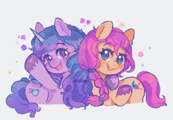 Size: 2094x1453 | Tagged: safe, artist:sonira24, derpibooru import, izzy moonbow, sunny starscout, earth pony, pony, unicorn, g5, blushing, cute, duo, duo female, female, hoof around neck, hug, image, izzybetes, looking at you, mare, open mouth, open smile, png, signature, simple background, smiling, smiling at you, sunnybetes, unshorn fetlocks, waving, waving at you, white background