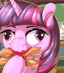 Size: 1475x1667 | Tagged: safe, artist:to_fat_to_fly, derpibooru import, twilight sparkle, twilight sparkle (alicorn), alicorn, pony, unicorn, bread, burger, bust, cross-eyed, derp, ear fluff, eating, female, food, hay, hay burger, horn, image, ketchup, lettuce, mare, messy eating, png, sauce, solo, that pony sure does love burgers, tomato, twilight burgkle, wat