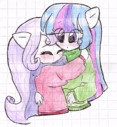 Size: 701x763 | Tagged: safe, artist:toridesori, derpibooru import, rarity, twilight sparkle, anthro, ambiguous facial structure, clothes, duo, female, graph paper, hug, image, jpeg, lesbian, missing horn, rarilight, scarf, shipping, sweater, traditional art