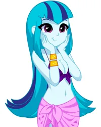 Size: 1019x1273 | Tagged: safe, artist:rosemile mulberry, derpibooru import, sonata dusk, human, equestria girls, bare shoulders, belly button, bikini, breasts, busty sonata dusk, cleavage, clothes, cute, female, front knot midriff, hands on cheeks, image, loose hair, midriff, png, revised, sarong, simple background, sleeveless, solo, sonatabetes, swimsuit, updated design, white background