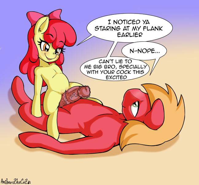 Size: 2700x2500 | Tagged: explicit, artist:anibaruthecat, derpibooru import, apple bloom, big macintosh, earth pony, pony, applecest, brother and sister, cowgirl position, dialogue, female, filly, filly on stallion, foalcon, gradient background, horsecock, image, imminent penetration, imminent sex, incest, macbloom, male, nudity, on back, penis, png, shipping, siblings, stallion, straight, underage, vaginal secretions, vulva
