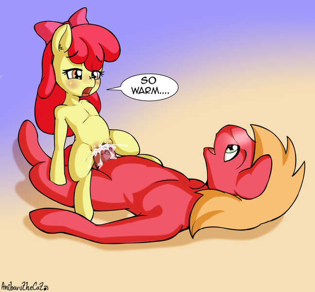 Size: 2700x2500 | Tagged: explicit, artist:anibaruthecat, derpibooru import, apple bloom, big macintosh, earth pony, pony, applecest, bedroom eyes, blushing, brother and sister, cowgirl position, creampie, cum, cum version, dialogue, female, filly, filly on stallion, foalcon, gradient background, image, incest, macbloom, male, nudity, on back, penetration, png, sex, shipping, siblings, stallion, straight, underage, vaginal, vaginal creampie, vaginal secretions, vulva