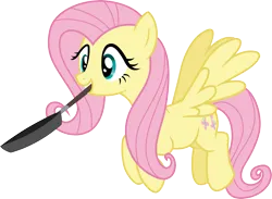 Size: 4105x3000 | Tagged: safe, artist:cloudy glow, derpibooru import, fluttershy, trade ya, .ai available, frying pan, image, mouth hold, png, simple background, solo, transparent background, vector
