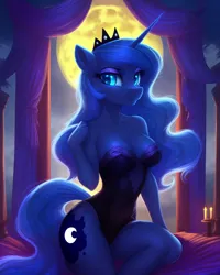 Size: 1536x1920 | Tagged: suggestive, artist:craft, derpibooru import, editor:craft, machine learning assisted, machine learning generated, stable diffusion, princess luna, anthro, g1, ai content, bed, clothes, female, generator:purplesmart.ai, horn, image, lingerie, looking at you, moon, night, png, solo, solo female, sultry pose, teddy (clothing)