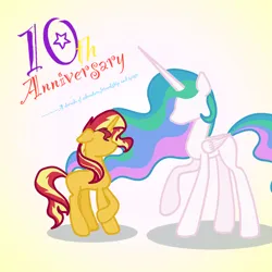 Size: 2000x2000 | Tagged: safe, artist:lunadorable, derpibooru import, princess celestia, sunset shimmer, alicorn, pony, unicorn, equestria girls, crossed hooves, equestria girls 10th anniversary, floppy ears, flowing mane, folded wings, gradient background, image, no face, png, raised hoof, wings