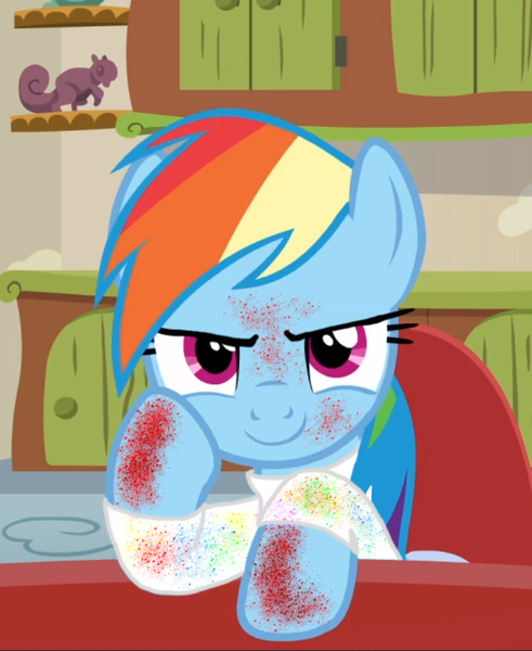 Size: 704x861 | Tagged: semi-grimdark, derpibooru import, edit, edited screencap, screencap, rainbow dash, pegasus, pony, fanfic:rainbow factory, flutter brutter, adoracreepy, blood, blood on face, chair, clothes, creepy, cropped, cute, dashabetes, evil, evil smirk, fanfic art, female, hoof on cheek, hooves on the table, image, implied tetradash, lab coat, liquid rainbow, looking at you, love, mare, png, rainbow factory dash, sitting, smiling, solo, spectra, table
