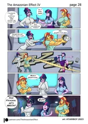 Size: 4292x5985 | Tagged: safe, artist:atariboy2600, artist:bluecarnationstudios, derpibooru import, sci-twi, sunset shimmer, twilight sparkle, android, human, robot, comic:the amazonian effect, comic:the amazonian effect iv, equestria girls, breasts, buff breasts, busty sci-twi, busty sunset shimmer, busty twilight sparkle, clothes, comic, duality, female, image, muscles, muscular female, nervous sweat, open mouth, png, sci-twi's house, sunset lifter, tempting fate, twolight