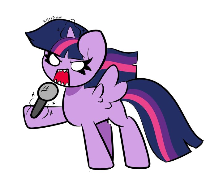 Size: 2048x1704 | Tagged: safe, artist:kittyrosie, derpibooru import, twilight sparkle, twilight sparkle (alicorn), alicorn, pony, aggretsuko, crossover, female, image, jpeg, mare, microphone, open mouth, simple background, solo, spread wings, white background, wings