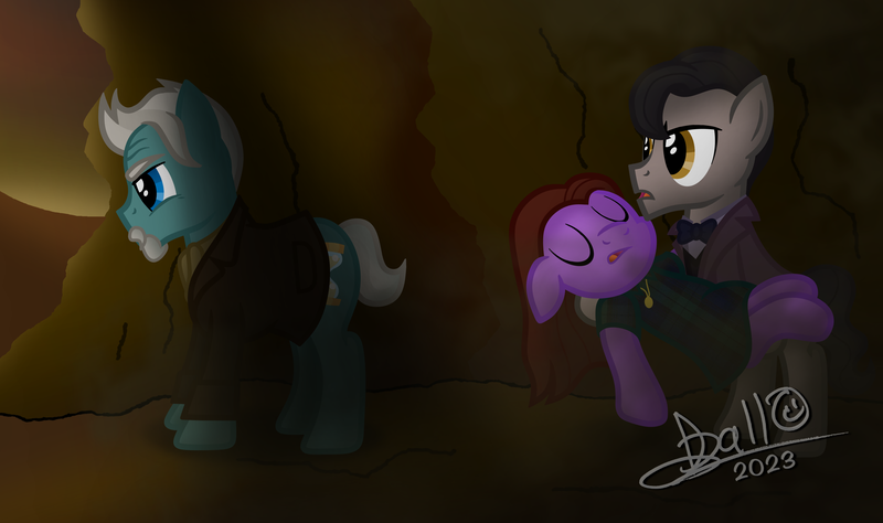 Size: 3264x1934 | Tagged: safe, artist:tidmouthmilk12, derpibooru import, doctor whooves, time turner, earth pony, pony, atg 2023, beard, bowtie, cave, clara oswin oswald, clothes, dress, eleventh doctor, eyebrows, facial hair, image, jacket, jewelry, necklace, newbie artist training grounds, png, scarf, shadow, signature, war doctor