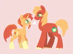 Size: 929x694 | Tagged: safe, artist:glowfangs, derpibooru import, big macintosh, sunburst, earth pony, pony, unicorn, duo, duo male, gay, heart, image, lineless, looking at each other, looking at someone, macburst, male, missing accessory, png, shipping, simple background, size difference, stallion