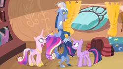Size: 1920x1080 | Tagged: safe, derpibooru import, screencap, discord, princess cadance, twilight sparkle, twilight sparkle (alicorn), alicorn, draconequus, pony, season 4, three's a crowd, bald, bed, bedroom, blue flu, book, bookshelf, crown, curtains, female, folded wings, g4, golden oaks library, hair, hoof shoes, horn, image, indoors, jewelry, library, lidded eyes, looking down, looking up, male, mane, mare, open mouth, open smile, png, princess shoes, regalia, sisters-in-law, smiling, tail, trio, window, wings