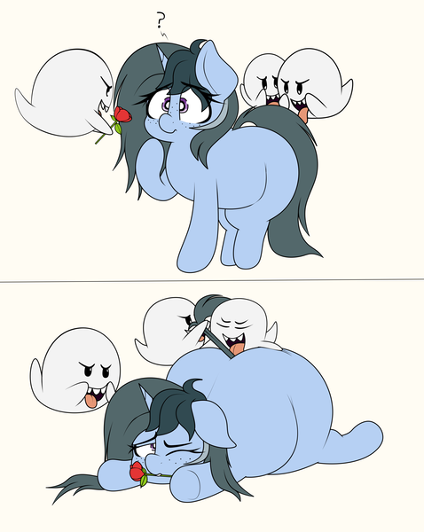 Size: 2280x2860 | Tagged: questionable, artist:blitzyflair, derpibooru import, oc, oc:blitzy flair, pony, unicorn, 2 panel comic, butt, comic, fat, fat ass, female, floppy ears, flower, freckles, image, implied analingus, implied oral, implied sex, mare, one eye closed, png, simple background, wide hips