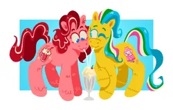 Size: 1280x815 | Tagged: safe, artist:msponies, derpibooru import, pretty pop, soda float, earth pony, pony, g3, cheek to cheek, drink, duo, image, milkshake, png, raised hoof, straw, straw in mouth