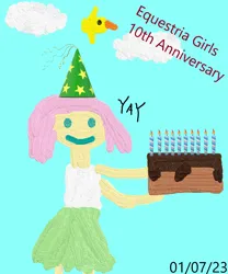Size: 1000x1200 | Tagged: safe, artist:miky94c, derpibooru import, fluttershy, bird, equestria girls, 1000 hours in ms paint, anniversary, cake, candle, chocolate, chocolate cake, derpibooru exclusive, equestria girls 10th anniversary, food, image, paint 3d, png, smiley face