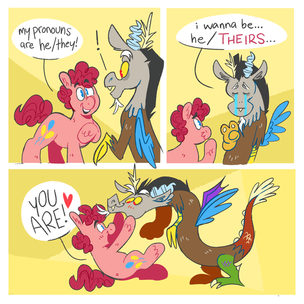Size: 1650x1650 | Tagged: safe, artist:msponies, derpibooru import, discord, pinkie pie, draconequus, earth pony, pony, 3 panel comic, blushing, comic, crying, discopie, exclamation point, female, grammar error, image, male, nonbinary, png, pronouns, shipping, short mane, speech bubble, straight