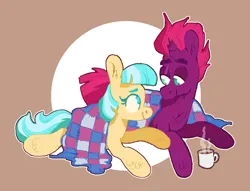 Size: 1280x979 | Tagged: safe, artist:msponies, derpibooru import, coco pommel, tempest shadow, earth pony, pony, unicorn, coffee cup, crack shipping, cup, duo, female, image, looking at each other, looking at someone, male, png, quilt, shipping, straight, tempestpommel, trans male, transgender