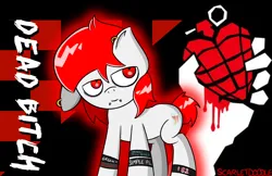 Size: 2500x1622 | Tagged: safe, artist:scarletdoodle, derpibooru import, oc, oc:scarlet breeze, unofficial characters only, pony, complex background, ear piercing, emo, green day, image, lip piercing, male, piercing, png, red eyes, red mane, snake bites, solo, solo male, stallion, text, white coat, wristband