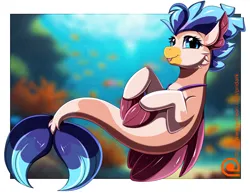 Size: 2909x2250 | Tagged: safe, artist:pridark, derpibooru import, oc, unofficial characters only, classical hippogriff, hippogriff, seapony (g4), beak, blue eyes, blue mane, blue tail, blurry background, bubble, commission, coral, crepuscular rays, cute, digital art, dorsal fin, eyelashes, female, fin, fin wings, fins, fish tail, floppy ears, flowing mane, flowing tail, g4, high res, image, jewelry, looking at you, necklace, ocean, patreon, png, seaponified, seaweed, smiling, smiling at you, solo, species swap, sunlight, swimming, tail, underwater, water, wings