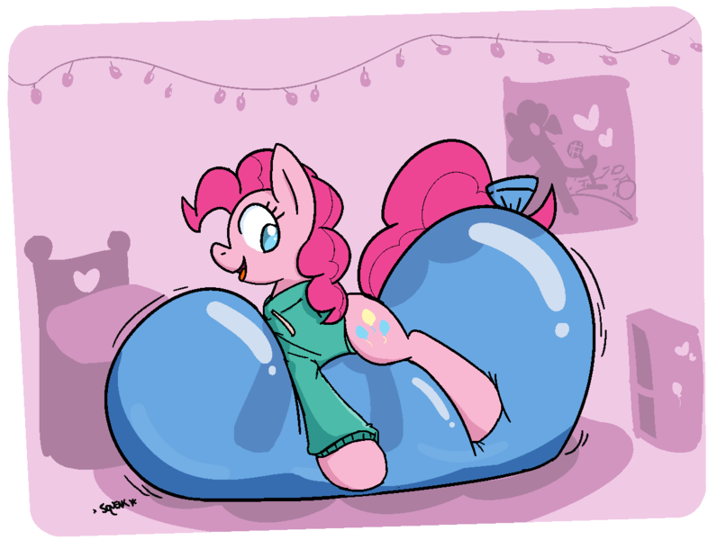 Size: 1222x921 | Tagged: questionable, anonymous artist, derpibooru import, pinkie pie, balloon, balloon riding, clothes, hoodie, image, png, simple background, solo